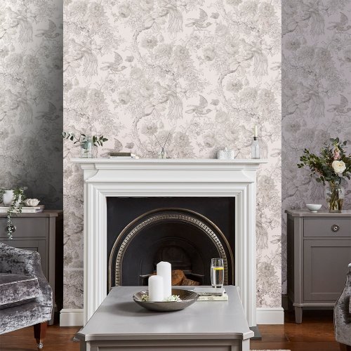 Birtle Dove Grey Wallpaper features charming birds perched upon exotic tree branches alongside blooming roses and poppies with natural glamour.