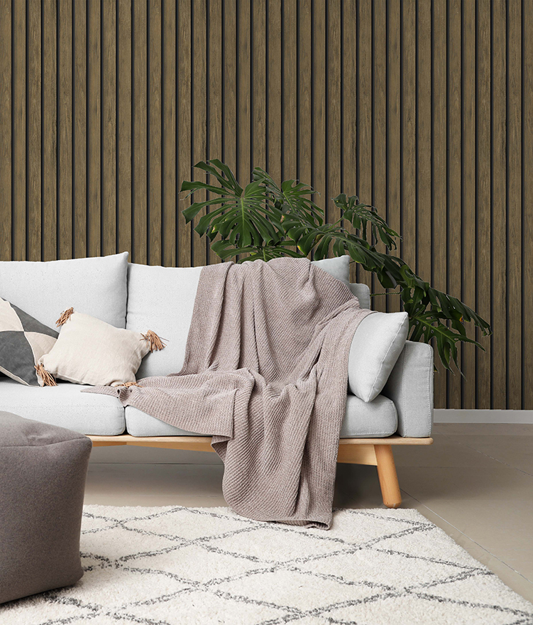 Acacia Dark Wood Wallpaper is a realistic vertical wood slat design containing textures and grains, perfect for adding definition onto a feature wall.