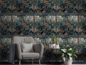 Comoro Navy Wallpaper is an eye-catching window design featuring a trailing floral and crowned Lemurs set within a painterly tropical scene.
