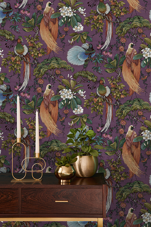 Yasuni Plum wallpaper is a beautifully painted oriental design that features bright tropical birds within bonsai trees and flowers.