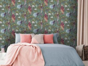 Yasuni Green wallpaper is a beautifully painted oriental design that features bright tropical birds within bonsai trees and flowers.
