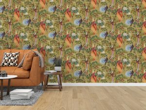 Yasuni Ochre wallpaper is a beautifully painted oriental design that features bright tropical birds within bonsai trees and flowers.