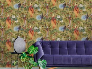 Yasuni Ochre wallpaper is a beautifully painted oriental design that features bright tropical birds within bonsai trees and flowers.