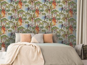 Yasuni Natural wallpaper is a beautifully painted oriental design that features bright tropical birds within bonsai trees and flowers.