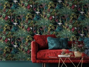 Masoala Black Wallpaper is a beautifully painted tropical scene featuring cranes and large palm trees inspired by the stunning landscape of Madagascar.