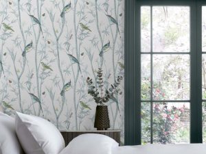 Chinoiserie Bird Trail Duck Egg Wallpaper is a classic design with birds and butterflies, but the added pops of colours really bring this wallpaper to life.