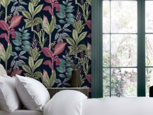 Turn your interior into a tropical haven with the Fantasy Rainforest Leaves Navy Wallpaper. This colourful, bold design is perfect to create a focal point.