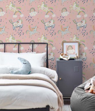 Unicorn Pink Wallpaper is the perfect way to brighten up any childrens' room. With rainbows and unicorns in a bold pastel colour palette what isn't to love?