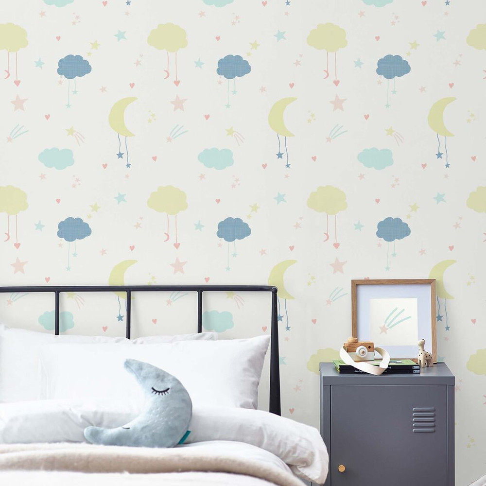 This charming Moon & Stars Pastel Wallpaper design in white and soft pastel tones is perfect to create a calming and sleepy atmosphere for your little one.
