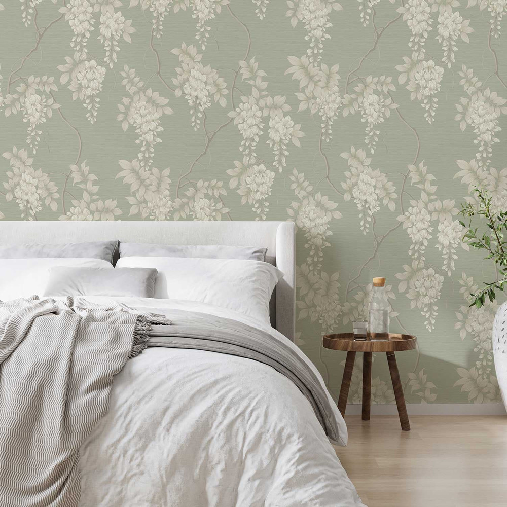 Wisteria Sage Wallpaper has a soft colour palette that brings a sense of freshness.  This elegant floral wallpaper is bound to compliment any room.