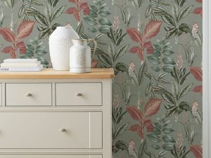 Turn your space into a tropical haven with this Rainforest Leaves Sage Wallpaper. This colourful, bold design is perfect to create an on trend focal point.