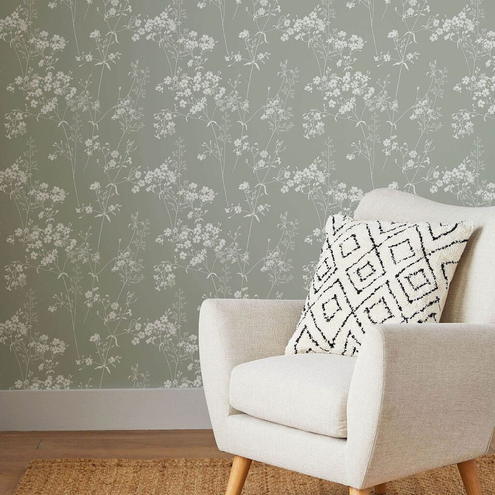 Leaf Sage Wallpaper is a delicate foliage detailed with a muted sage tone and slight off white notes, making for a beautiful feature wall.