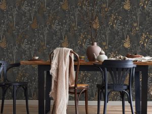 Organics Black And Copper Wallpaper features silhouettes of wildflowers and seedheads embellished with metallic. encompassing the outside natural world.