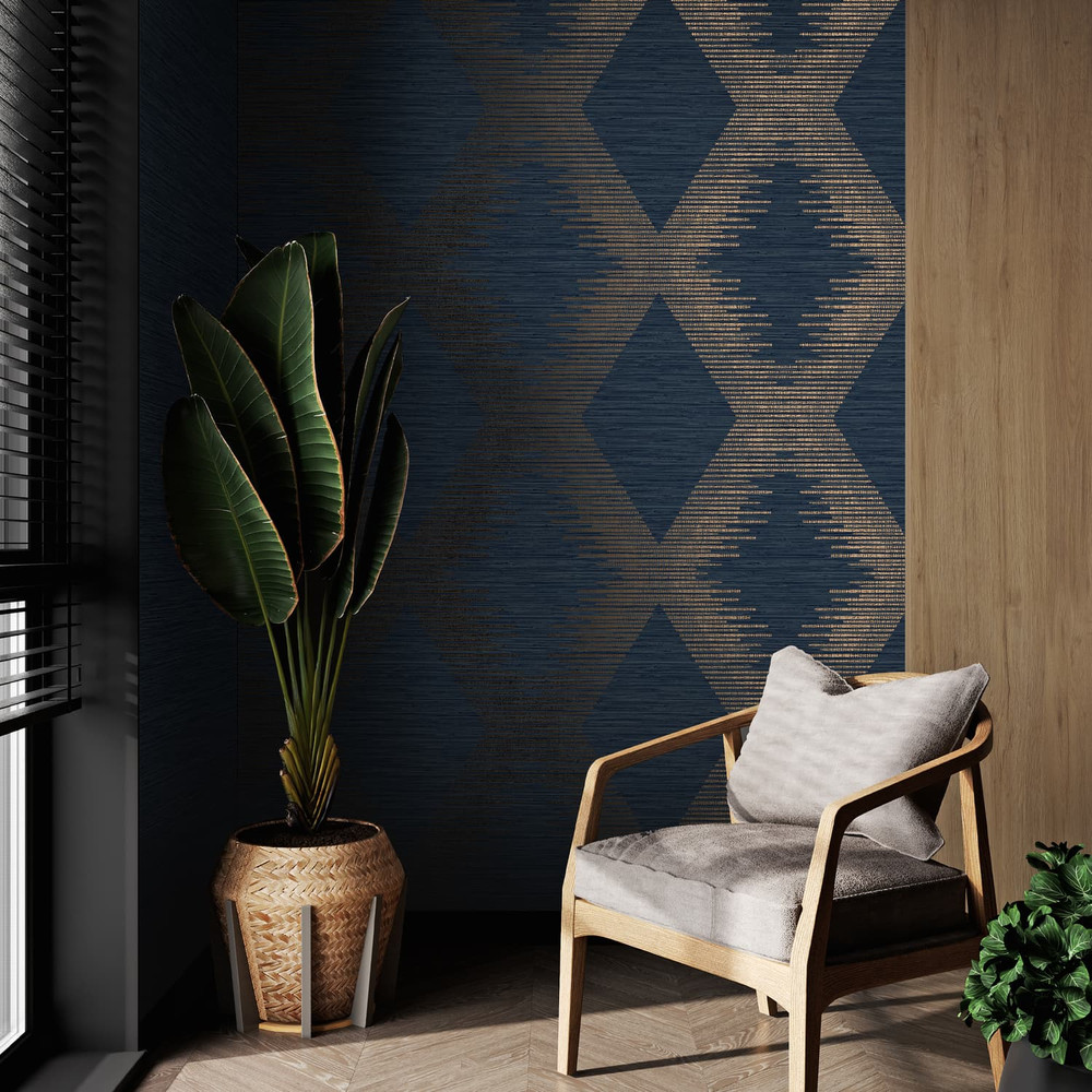 Serenity Geo Navy And Copper Wallpaper is a large scale geometric with grasscloth textured background adding depth and luxury to the design.