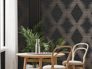 Serenity Geo Black And Rose Gold Wallpaper is a large scale geometric with grasscloth textured background adding depth and luxury to the design.