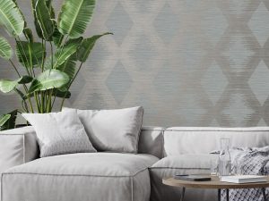 Serenity Geo Grey And Rose Gold Wallpaper is a large scale geometric with grasscloth textured background adding depth and luxury to the design.