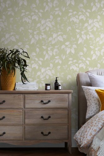 Trail Flower Duck Egg Wallpaper is a simple yet beautiful design. With an intricate design of leaves and branches, set upon a neutral sage green background, with an off-white detailing.