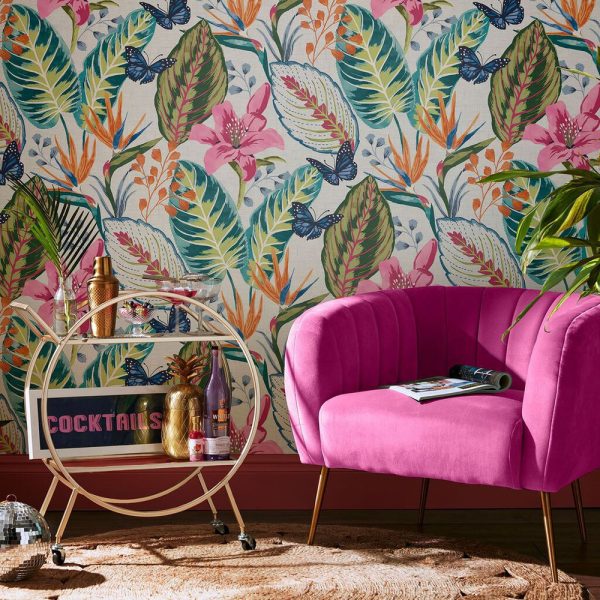 Eden Day Wallpaper features a white background with tropical florals and leaves, in a super large repeat to create real drama on your wall.