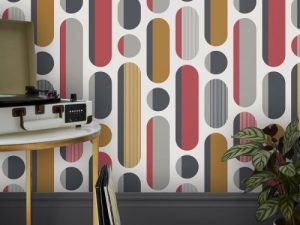 Morse Red & Grey & Mustard Wallpaper is a curvaceous geometric which gives a retro vibe, this mustard grey and red mix hits every sweet spot.