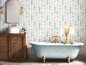 Morse Rose & Sage Wallpaper, a curvaceous geometric which gives a retro vibe yet in this soft colour palette of a dreamy rose and sage.