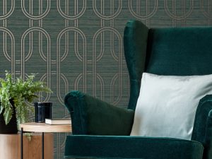 Indulgent Geo Emerald Wallpaper is a new design featuring interlinked ovals with an opulent gilded texture running throughout the background.