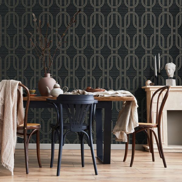 Indulgent Geo Onyx Wallpaper is a new design featuring interlinked ovals with an opulent gilded texture running throughout the background.