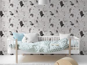 Baby Animal Black and White Wallpaper is a beautifully illustrated animal design in black and white sketches, perfect for kids' bedrooms and nurseries.