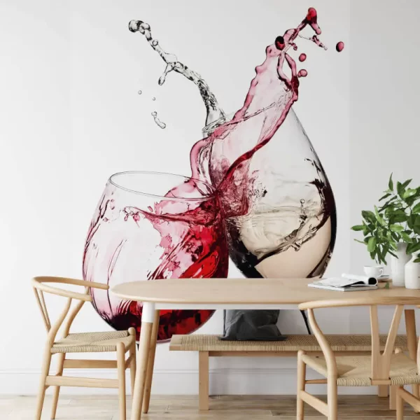 Wine Glasses Wall Mural is a simple, yet effective wall mural of beautifully photographed wine-filled glasses colliding in a joyful burst of red and white wine, mingling the colours and creating a happy, festive mood.