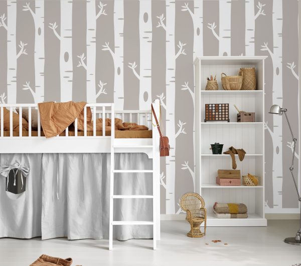 Kids Birch Tree Khaki Wallpaper is a stylistic flat-drawn bamboo tree stalks in a grey and kakhi wash. This wallpaper design is perfect for kids' bedrooms and playrooms.