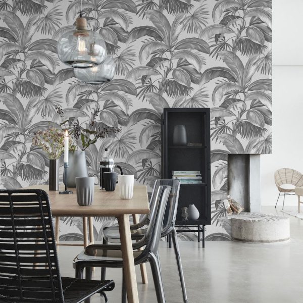 Antigua Grey Wallpaper is a grey tonal forest setting with a hand-illustrated feel, this tropical design is perfect for a contemporary and modern finish.