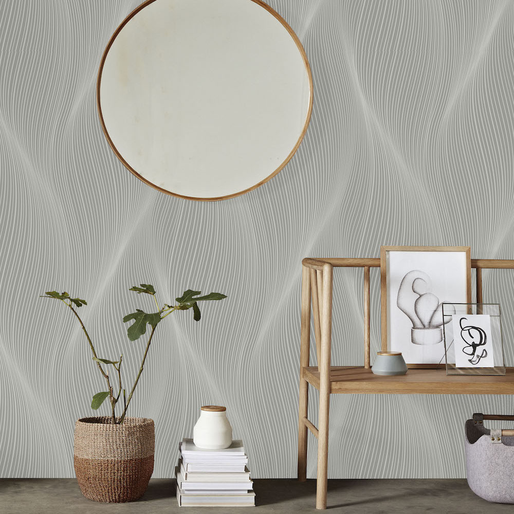 Shock Wave Taupe Wallpaper is an abstract 3D wavy pattern with a textured finish shown here in a taupe colourway for a contemporary and modern look.